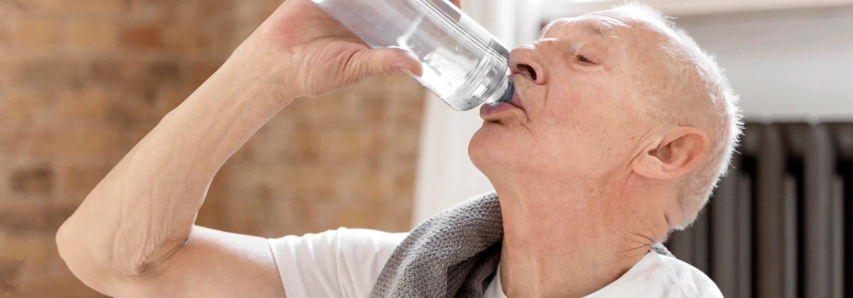 Senior buvant un verre d’eau à domicile pour prévenir la déshydratation