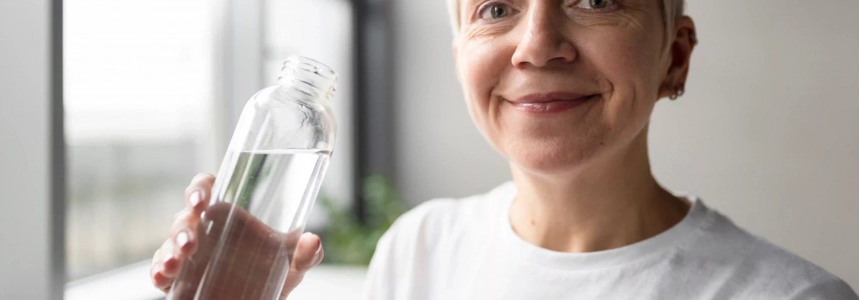 Senior buvant un verre d’eau pour maintenir une bonne hydratation au quotidien