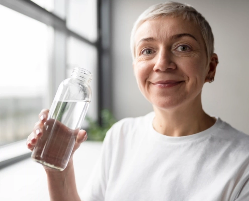 Senior buvant un verre d’eau pour maintenir une bonne hydratation au quotidien