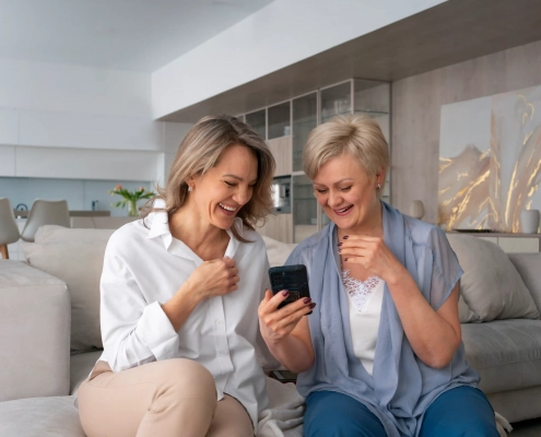 Senior utilisant une téléassistance innovante avec géolocalisation et application pour aidant