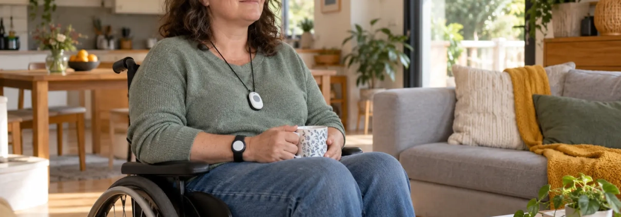 Personne en situation de handicap utilisant une téléassistance pour vivre en sécurité à domicile