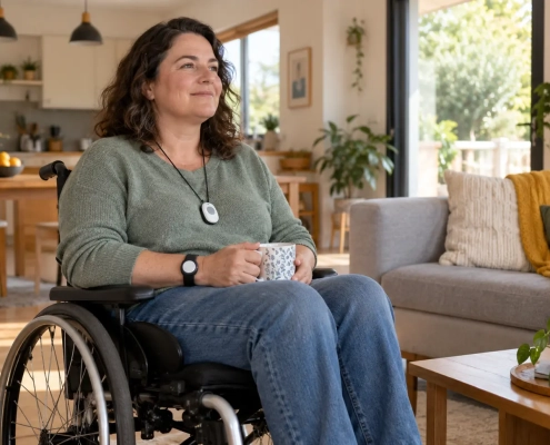 Personne en situation de handicap utilisant une téléassistance pour vivre en sécurité à domicile