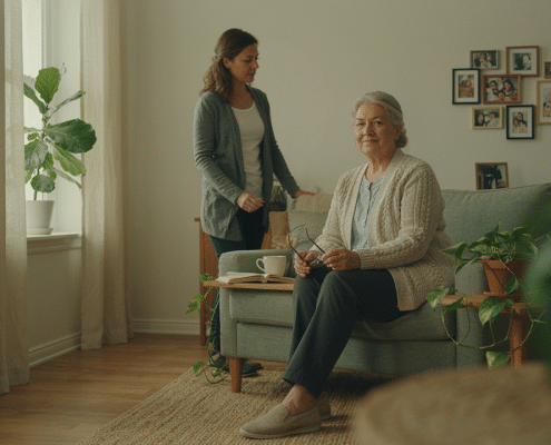 Senior autonome à domicile avec une protection adaptée au maintien à domicile