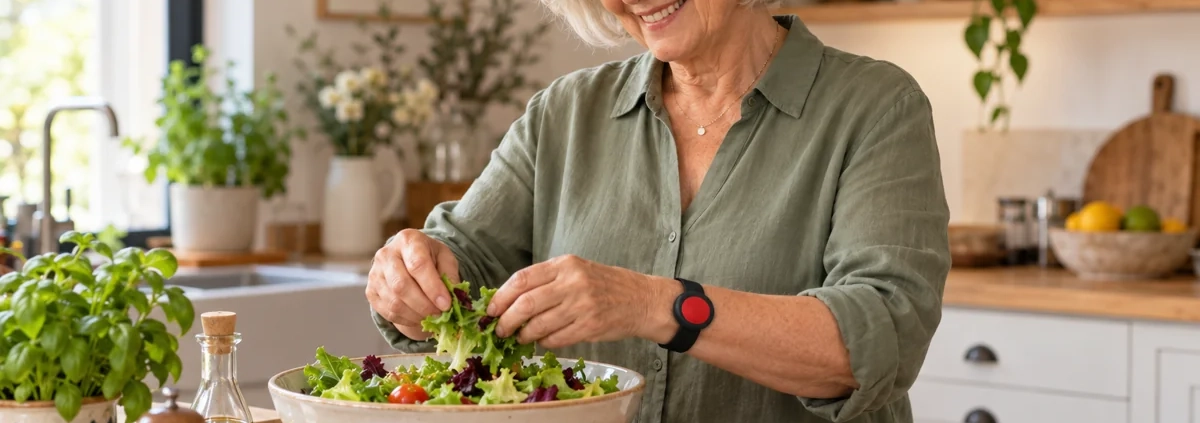 Senior préparant un repas à domicile avec un bouton SOS au poignet