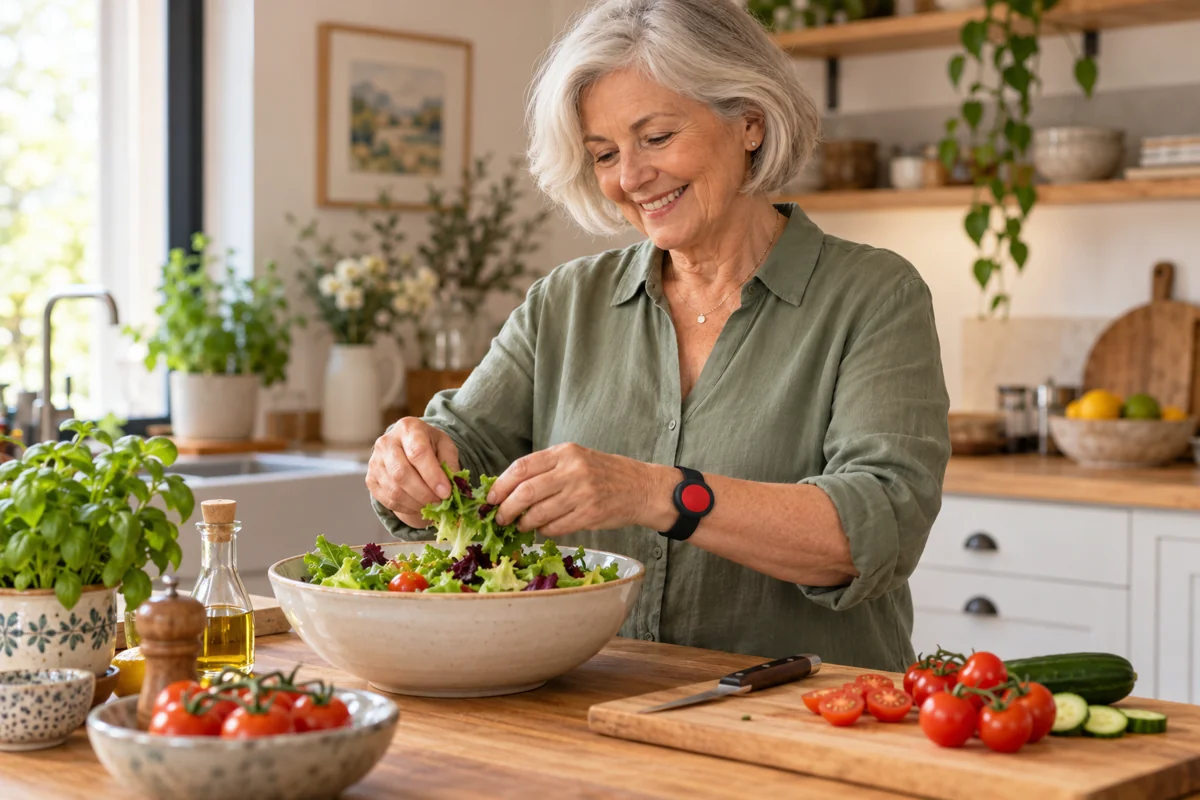 Senior préparant un repas à domicile avec un bouton SOS au poignet