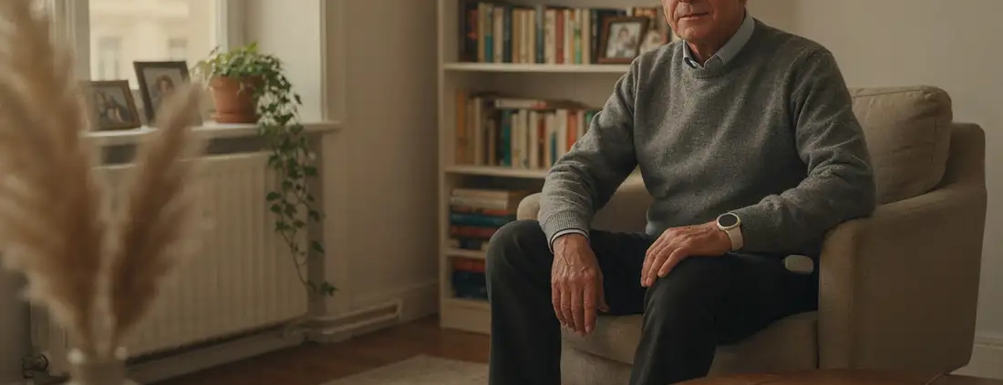 Senior portant un bracelet de téléassistance connecté avec smartphone et capteur de sécurité