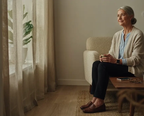 Senior utilisant une téléassistance compatible avec smartphone, montre connectée et domotique