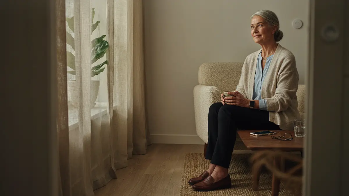 Senior utilisant une téléassistance compatible avec smartphone, montre connectée et domotique