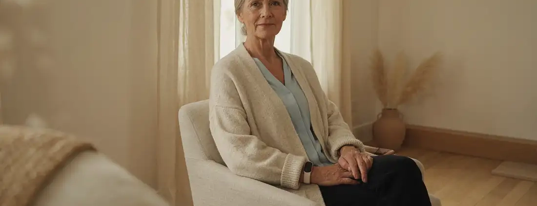 Senior utilisant une téléassistance de nouvelle génération avec bracelet connecté et capteurs discrets