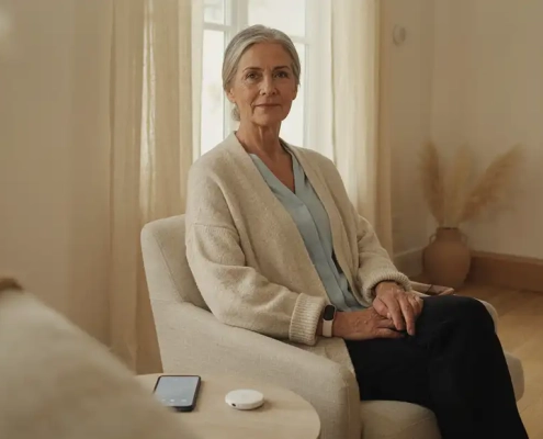 Senior utilisant une téléassistance de nouvelle génération avec bracelet connecté et capteurs discrets