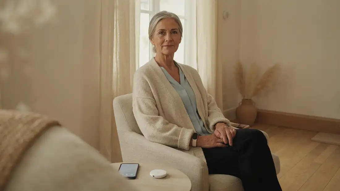 Senior utilisant une téléassistance de nouvelle génération avec bracelet connecté et capteurs discrets