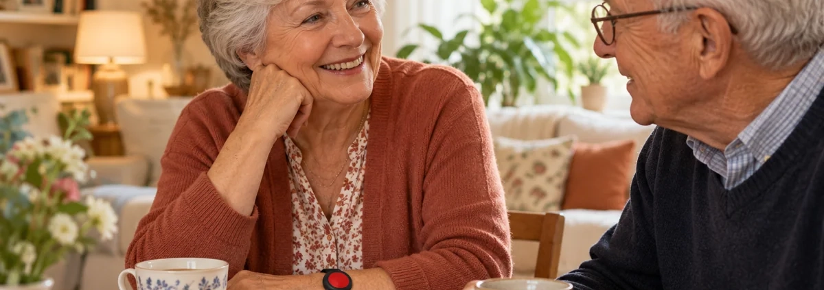 Deux seniors prenant le thé à domicile, avec un bouton SOS au poignet de la femme