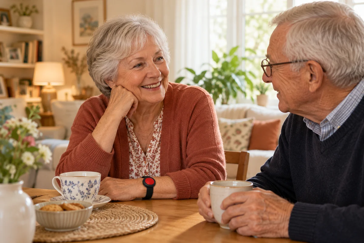 Deux seniors prenant le thé à domicile, avec un bouton SOS au poignet de la femme