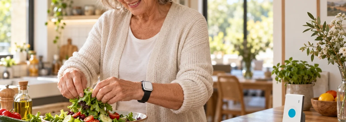 Senior cuisinant avec un bracelet détecteur de chute et le boîtier de téléassistance Confort sur le meuble de cuisine