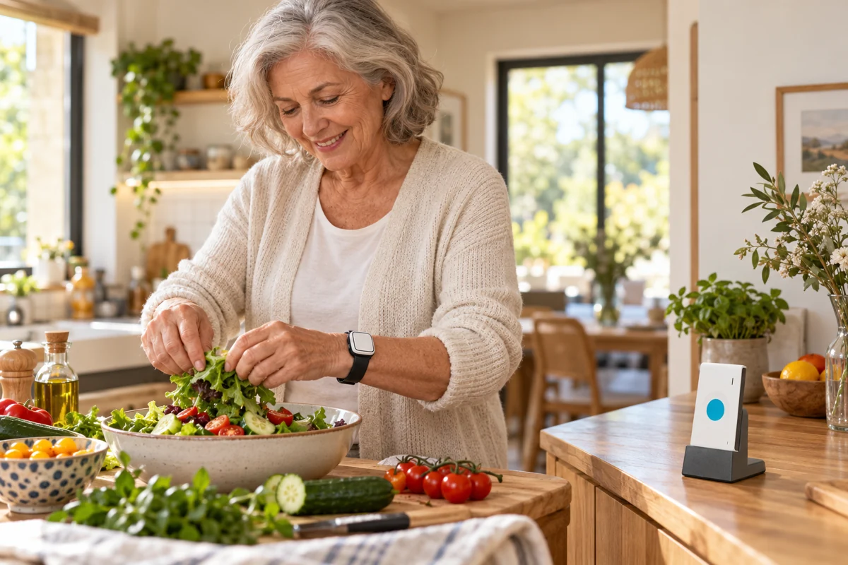 Senior cuisinant avec un bracelet détecteur de chute et le boîtier de téléassistance Confort sur le meuble de cuisine