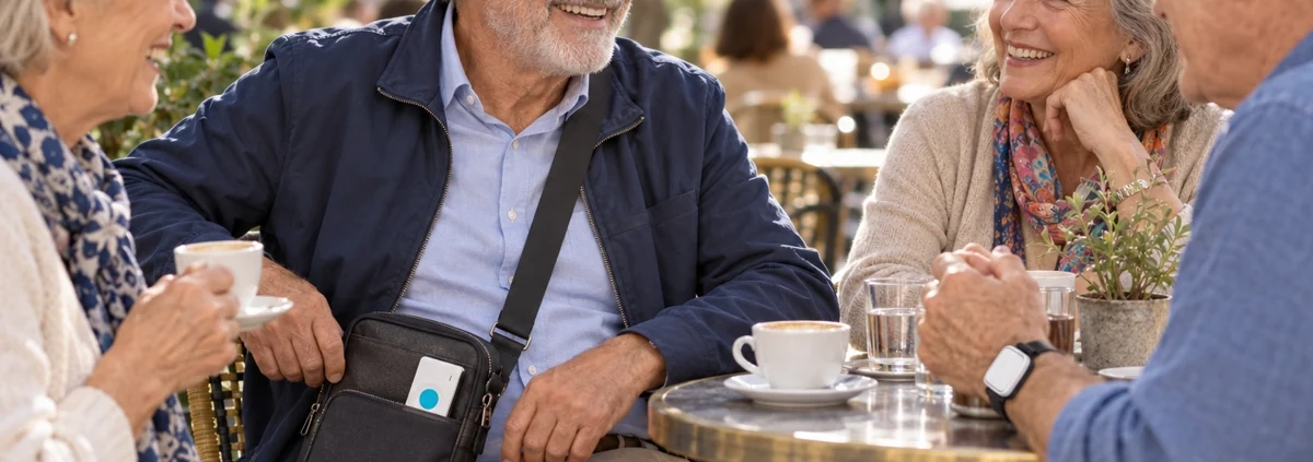 Senior avec ses amis, le boîtier de téléassistance Confort visible dans sa sacoche
